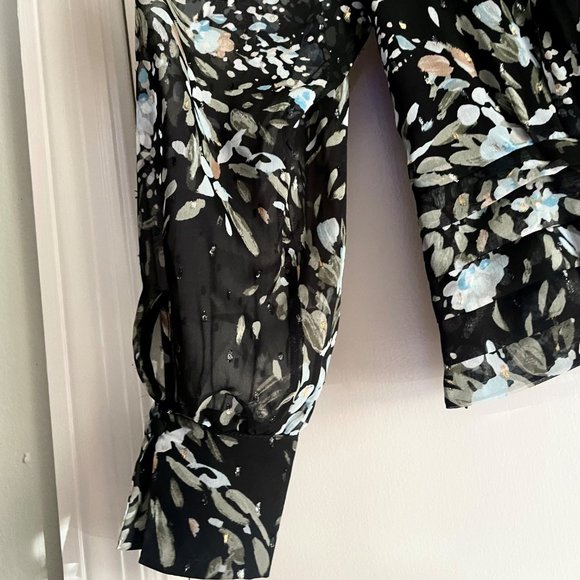 WHBM Floral Metallic Sheer Print Blouse Sz 2 Balloon Sleeve V Lined Black/Blue - Picture 12 of 16